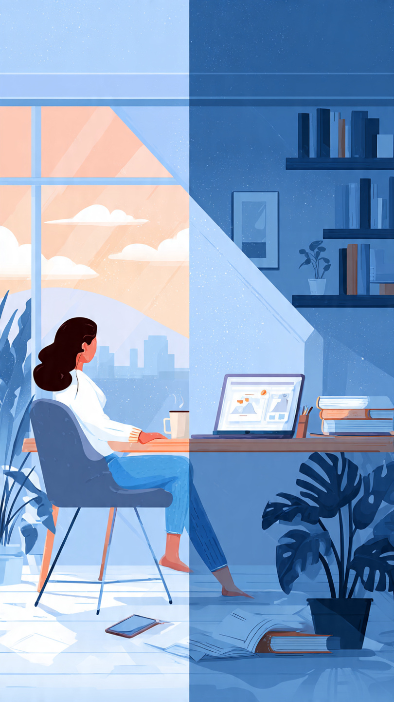 Turn Your Weekends Into a Career Growth Engine
create image A modern flat illustration showing a young professional sitting at a desk on a weekend morning with a calm, productive vibe. On one side of the desk is a laptop displaying learning, writing, and project work icons. On the other side, a window shows a relaxed weekend environment. The scene is split visually: one side shows “relaxation,” the other shows “skill building and growth.” Subtle elements like calendar pages turning into “career growth,” books, coffee, and digital devices. Clean, minimal, inspiring workspace, soft lighting, professional aesthetic, high detail, 16:9 composition.