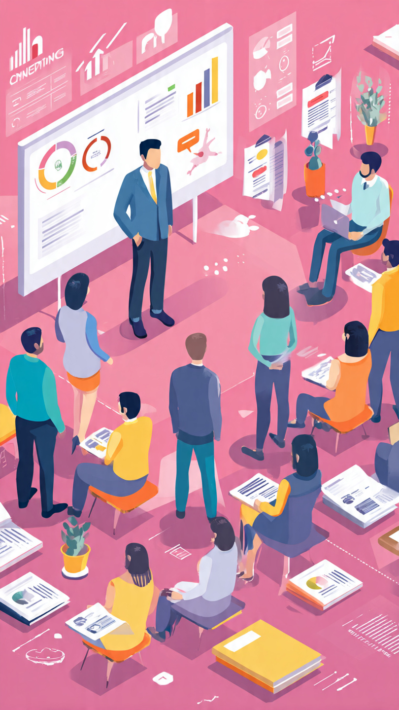 Career in Learning and Development
create image Animated illustration of a Learning and Development training session in a modern workplace. A professional trainer stands in front of a large presentation board while a diverse group of employees listens attentively. The visual highlights employee growth, learning, skill development, and career advancement through colorful icons, upward growth arrows, and a collaborative corporate environment. No laptops, desks, or tip-based text are shown.