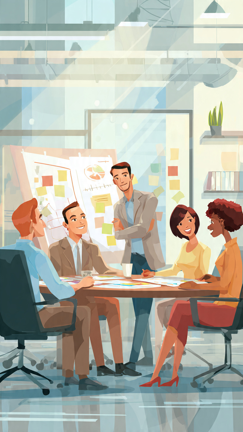 A diverse group of employees sits around a conference table in a modern office, actively discussing ideas and collaborating during a learning session. Behind them, a smiling manager stands with folded arms, watching the team with pride and satisfaction. The workspace features glass walls, presentation charts, sticky notes, and a professional corporate environment that reflects teamwork, knowledge sharing, and employee development.