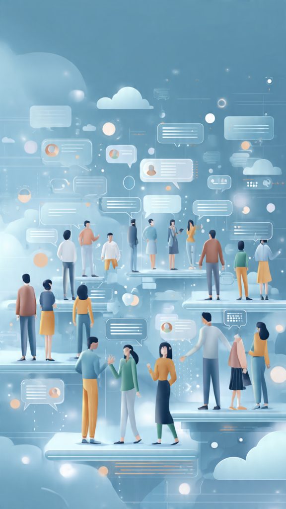 Community Management
Illustration of a community manager coordinating an online community through a digital platform. Diverse people are connected through chat bubbles, profile icons, and interaction symbols, representing engagement, collaboration, networking, and relationship building within a thriving online community. The scene highlights communication, member interaction, and community growth in a modern digital environmen