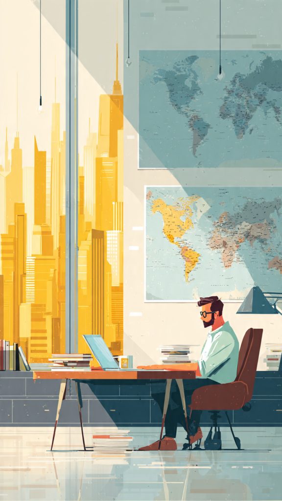 Global Role
A professional candidate sits at a desk studying and preparing for global career opportunities. A world map is displayed on the wall behind them, while international business materials, documents, and a laptop showing a virtual meeting create a global work atmosphere. The modern workspace includes a city skyline view through a large window, symbolizing readiness for international and cross-border roles