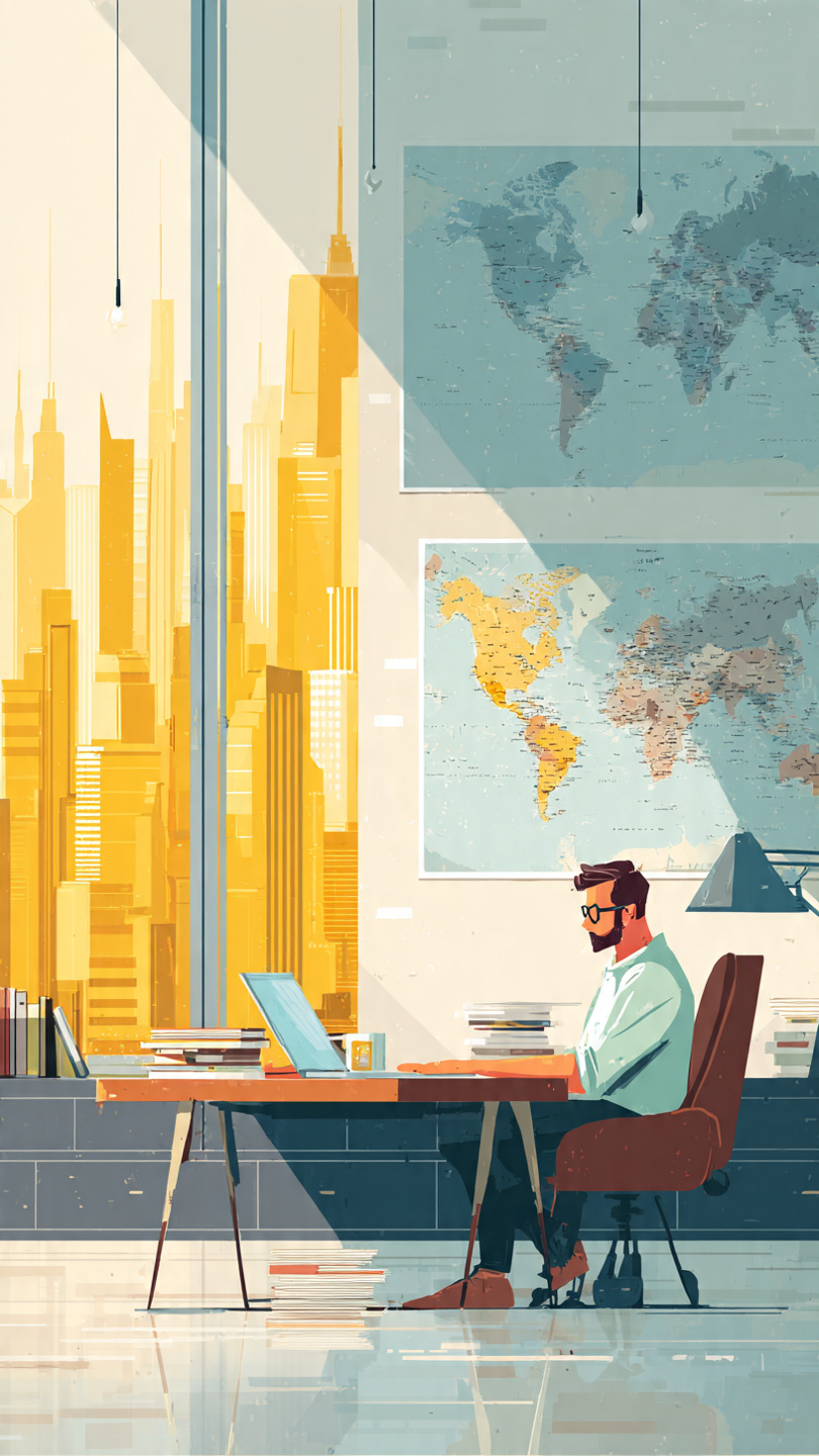 Global Role
A professional candidate sits at a desk studying and preparing for global career opportunities. A world map is displayed on the wall behind them, while international business materials, documents, and a laptop showing a virtual meeting create a global work atmosphere. The modern workspace includes a city skyline view through a large window, symbolizing readiness for international and cross-border roles