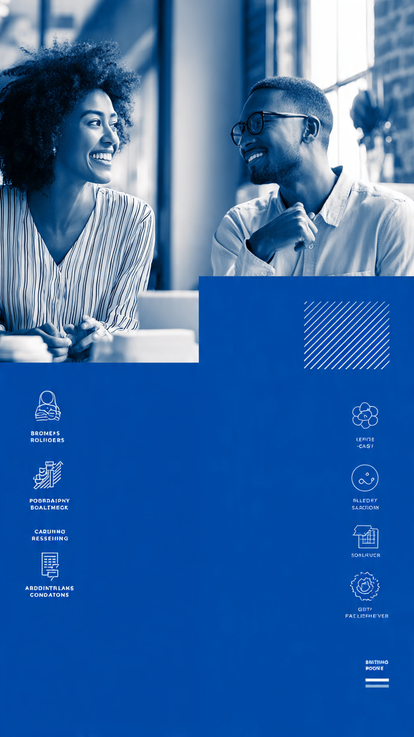  Collaborate With Hiring Managers
A professional corporate infographic titled “How to Collaborate With Hiring Managers More Effectively,” showing two professionals in conversation on the right side, smiling and engaged in discussion. The left side contains a structured list of collaboration themes with icons, including building strong relationships, aligning on goals and priorities, communicating proactively, seeking feedback and iteration, and being a strategic partner. The design uses a clean, modern blue and white color scheme with a blurred office background and avoids any depiction of laptops or desks.