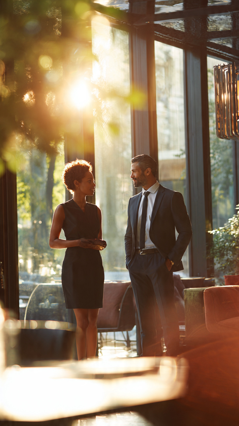 Side Hustle Into a Negotiation Asset
create image A realistic professional interview scene featuring two business professionals in a modern corporate environment. One candidate confidently discusses their achievements while standing face-to-face with an interviewer. Natural sunlight streams through large windows, creating a warm and sophisticated atmosphere. The background includes elegant decor and greenery, symbolizing career growth, confidence, and the ability to leverage personal achievements, such as a side hustle, as a valuable negotiation asset during job interviews.