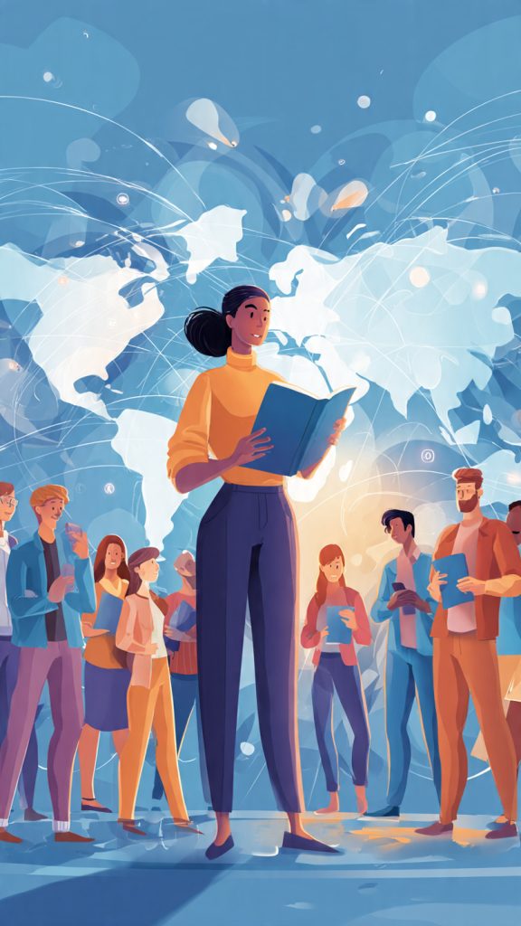 Build a Career
in Remote-First Companies Onlycreate image Animated illustration of a confident professional holding a book titled “My Global Career” in front of a world map connected by digital communication lines. Diverse people from different countries appear around the map, representing global remote teams and international collaboration. The scene conveys the concept of building a successful career in remote-first companies with worldwide opportunities, flexibility, and cross-cultural teamwork.