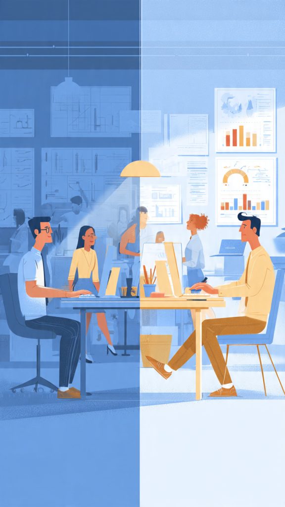  Promotions and Raises
Split-screen animated-style illustration comparing onsite job promotion and remote job promotion. The left side shows an office environment where employees interact with managers and coworkers, highlighting visibility, networking, office presence, and face-to-face communication as factors influencing promotion. The right side shows a professional working remotely from a home office, with charts, completed projects, goals achieved, and performance metrics emphasizing results, impact, documentation, collaboration, and consistent performance. The image visually contrasts promotion through workplace visibility versus promotion through measurable achievements and outcomes.