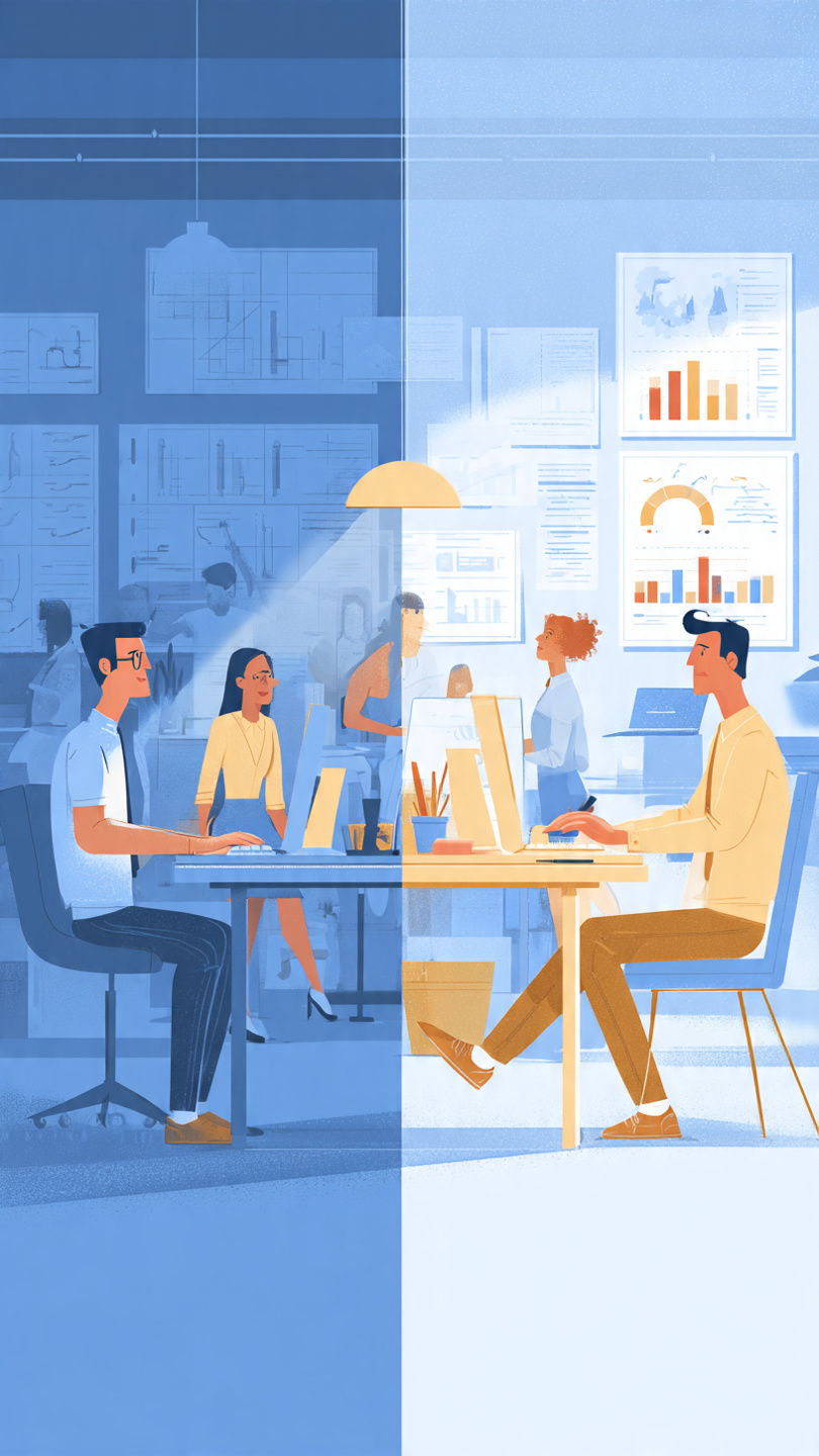  Promotions and Raises
Split-screen animated-style illustration comparing onsite job promotion and remote job promotion. The left side shows an office environment where employees interact with managers and coworkers, highlighting visibility, networking, office presence, and face-to-face communication as factors influencing promotion. The right side shows a professional working remotely from a home office, with charts, completed projects, goals achieved, and performance metrics emphasizing results, impact, documentation, collaboration, and consistent performance. The image visually contrasts promotion through workplace visibility versus promotion through measurable achievements and outcomes.