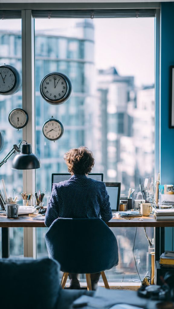 Remote Across Time Zones
A professional remote worker sits at a modern home office desk, planning their workday while managing communication across multiple time zones. Several world clocks are displayed on the wall, representing different international locations. The workspace includes a laptop, notebook, coffee mug, and desk lamp, with a bright city view visible through a large window. The image illustrates global remote work, productivity, and cross-time-zone collaboration in a clean and modern office setting.