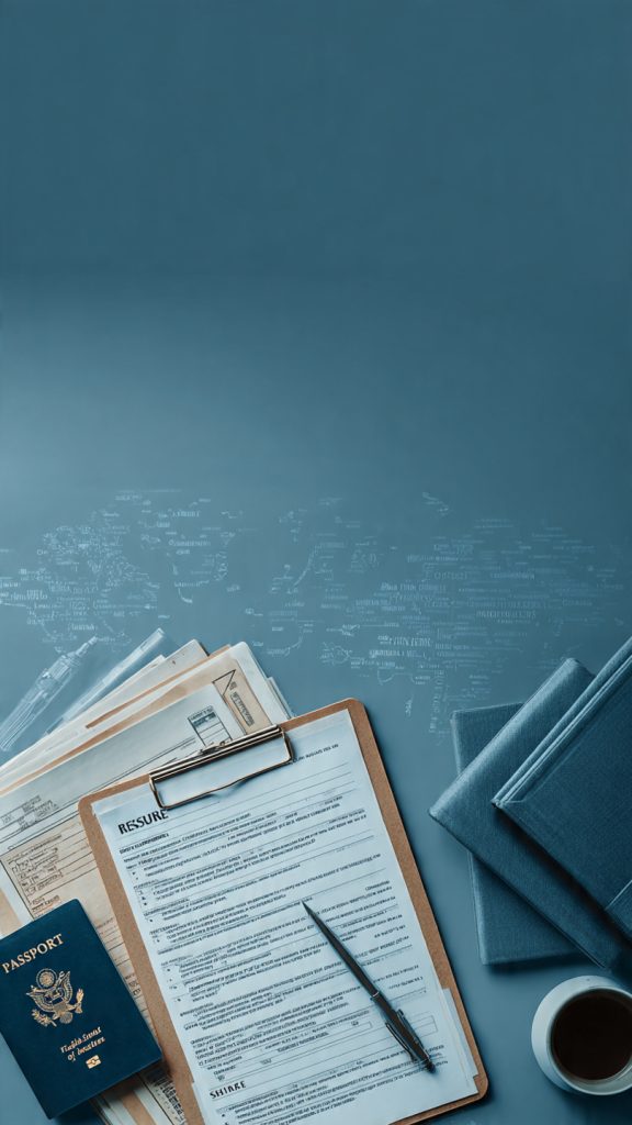 Adjust Your Resume for Each Country
A professional banner showing a resume on a clipboard alongside a passport, with a world map in the background representing international job applications. The image illustrates the concept of adapting a resume for opportunities in different countries, with a clean corporate design and global career theme.