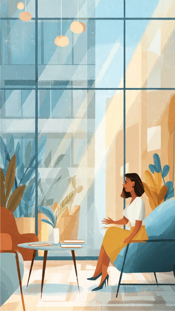 Navigate Trick Questions
Animated illustration of a confident young woman answering questions during a professional interview. She is speaking calmly with open hand gestures while sitting across from an interviewer in a modern office. The bright workspace features large windows, soft natural light, indoor plants, and minimal decor, creating a professional and welcoming atmosphere.