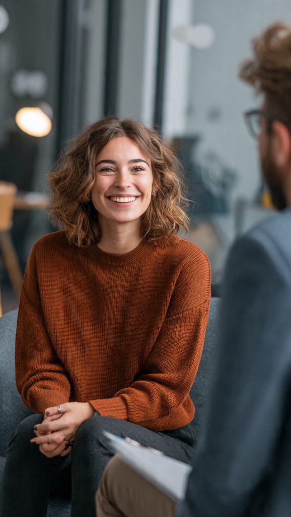 Testing in Small Talk Moments
Professional interview scene showing a recruiter and a job candidate engaged in a friendly conversation in a modern office. The candidate is smiling and speaking confidently while the interviewer listens attentively. The image highlights the importance of small talk during job interviews, with a clean corporate atmosphere and communication-themed graphics.