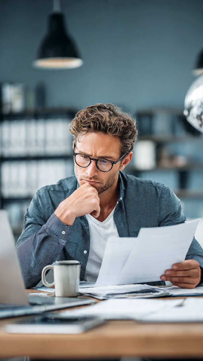 Compare Two Competing Job Offers
A professional sits at a desk in a modern office, carefully comparing two job offer letters. The person appears thoughtful while reviewing the documents, with a notebook, coffee mug, and office shelves in the background. Natural daylight creates a realistic and professional atmosphere, representing the process of evaluating multiple career opportunities and making an important job decision.