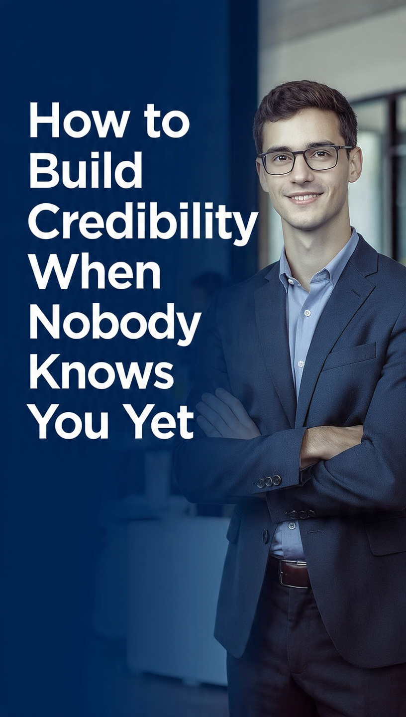 Build Credibility
A professional blog banner featuring a confident young professional standing with folded arms in a modern office environment. The left side displays the title "How to Build Credibility When Nobody Knows You Yet" in large bold text against a dark blue gradient background. The design conveys trust, professionalism, confidence, and personal brand growth.