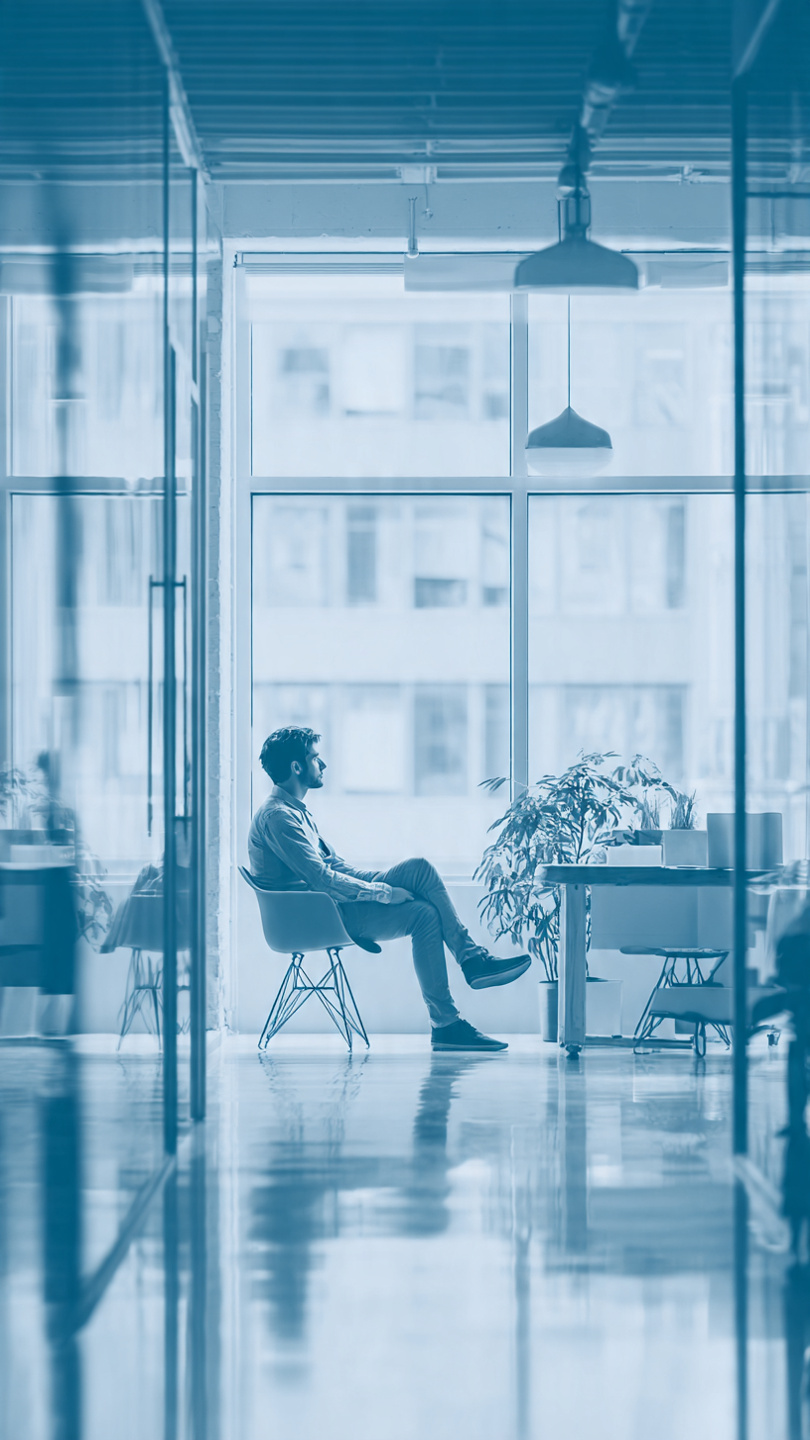 Handle an Internship
A young professional sits alone in a modern office, looking thoughtfully out of a large window. The bright workspace features glass walls, soft natural light, and indoor plants, creating a calm atmosphere that reflects independent learning and adapting to workplace challenges during an internship.