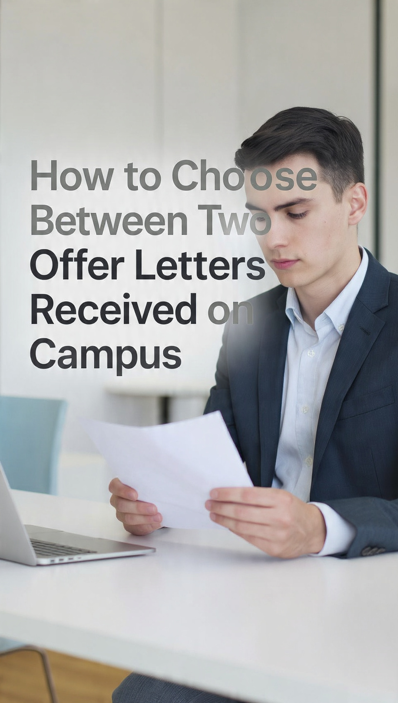 Choose Between Two Offer Letters
A young professional sits at a table holding two offer letters and carefully comparing them. The background resembles a modern office or campus environment with a clean, professional design. Large text on the left reads, “How to Choose Between Two Offer Letters Received on Campus.” The image represents the decision-making process students face when selecting between multiple job offers after campus placements.