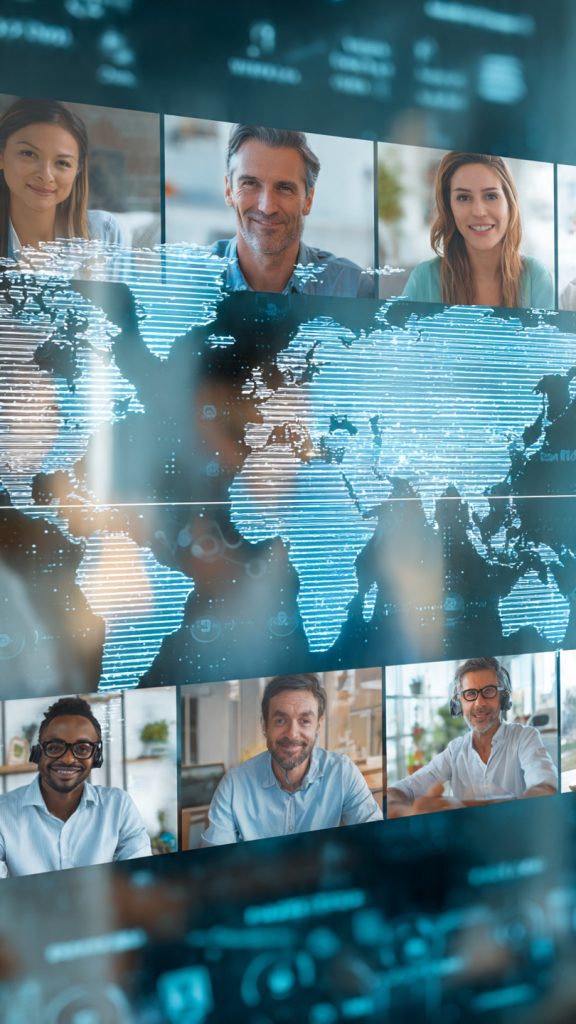 Manage Remote Employees
A professional remote manager conducts a virtual meeting with team members located across different parts of the world. A large world map in the background displays global connectivity and multiple time zones, while team members appear on a video conference screen. The image represents effective management of remote employees working across different countries and time zones through digital collaboration and communication