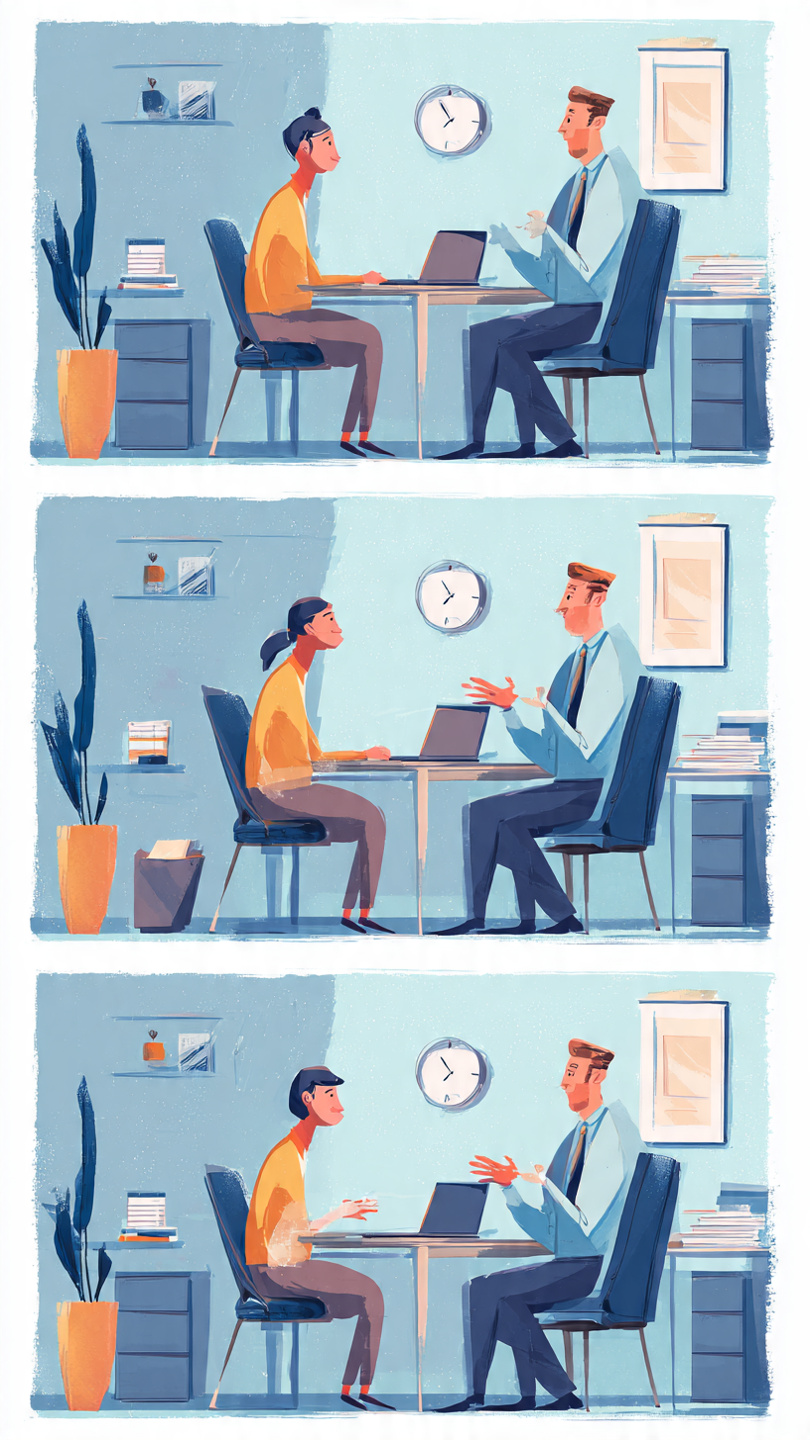 Two Interviewers Disagree in Front of You
Animated-style illustration of a job interview in a modern office. A candidate sits facing two interviewers who appear to be disagreeing during a discussion. One interviewer gestures while speaking, and the other responds with a different viewpoint. The scene includes laptops, documents, office furniture, a wall clock, and a professional workplace setting. The focus is on the interaction between the interviewers while the candidate remains calm and attentive.
