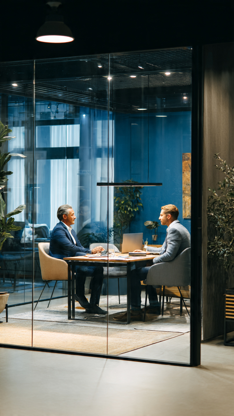 Advocate for the Right Number of Office Days
A professional workplace scene showing an employee discussing a flexible work arrangement with a manager in a modern office. The image features a collaborative meeting environment, with a laptop and office workspace visible, representing conversations about hybrid work, office attendance expectations, and advocating for the right number of office days based on job responsibilities.
