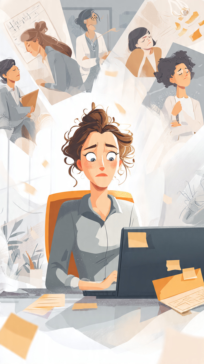 Signs of Career-Related Burnout
Animated banner illustration showing a stressed office professional sitting at a desk with a laptop, paperwork, and sticky notes in a modern workplace. The character appears mentally exhausted and overwhelmed, symbolizing career-related burnout. Around the central figure are visual scenes representing common burnout symptoms such as fatigue, low motivation, irritability, difficulty concentrating, reduced productivity, emotional detachment, physical discomfort, poor work-life balance, negativity, and job dissatisfaction. The overall design uses professional workplace imagery and soft colors to emphasize the importance of recognizing burnout early and prioritizing well-being.
