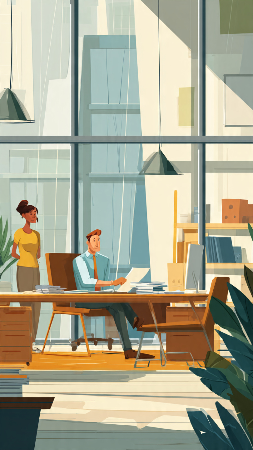 Say No Professionally
Animated illustration of a professional office where an employee calmly discusses workload priorities with a manager across a desk while a colleague observes in the background. The modern workspace features natural lighting, glass walls, wooden furniture, and a respectful, collaborative atmosphere that represents professional communication and healthy workplace boundaries.