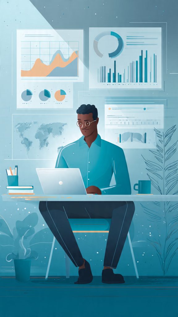 Research Salary Bands
Animated illustration of a professional job seeker researching salary bands before a first interview, analyzing market trends, company insights, and salary data on a laptop in a modern workspace with charts and business graphics in the background.