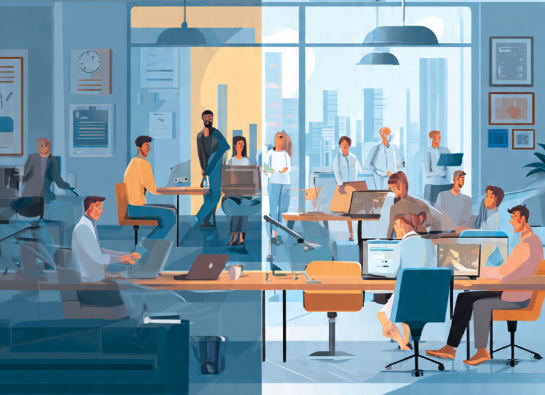Remote International Roles
create image Professional digital illustration showing the contrast between remote international work and onsite office work. On the left side, a confident professional working remotely from a modern home workspace, connected to a global team through floating world maps, international location markers, and digital collaboration elements. On the right side, professionals collaborating inside a contemporary corporate office with meeting rooms, teamwork, and workplace interaction. Clean split-screen composition, modern business atmosphere, global career theme, realistic lighting, detailed environment, professional attire, high-quality corporate artwork, vibrant yet professional colors, depth and perspective, productivity and career growth concept, no text, no tips, no labels, no watermarks, wide banner format.