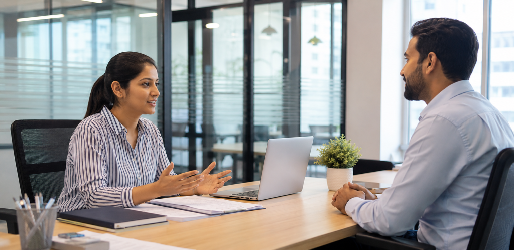Negotiate a Probation Period Reduction
A realistic wide banner showing a professional employee confidently discussing an early probation confirmation with their manager in a modern office. Both are seated across a desk with documents and a laptop, creating a respectful and positive workplace conversation that represents negotiating a probation period reduction in a new role.