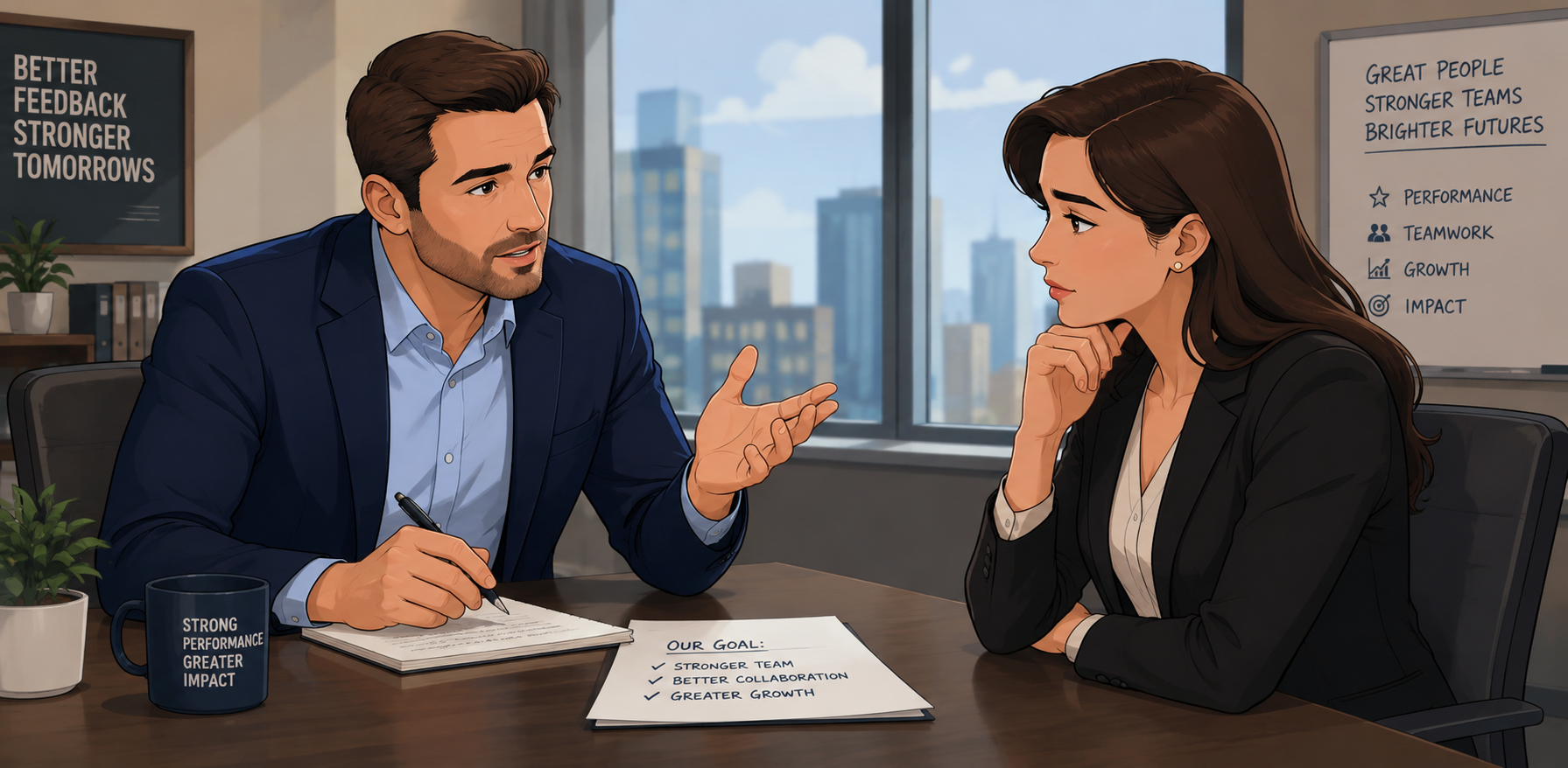 Give Difficult Feedback to a High Performer
Alt text: Animated-style illustration of a manager giving difficult feedback to a high-performing employee during a professional one-on-one workplace conversation.