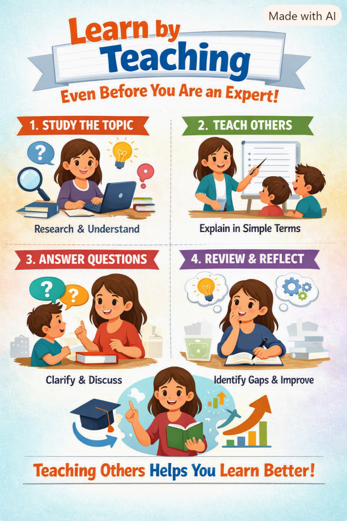 “Infographic titled ‘Learn by Teaching Even Before You Are an Expert!’ showing four illustrated steps: studying the topic, teaching others, answering questions, and reviewing and reflecting. Each section features a young woman learning, teaching, discussing, and thinking, with colorful banners and icons like lightbulbs, books, and graphs emphasizing growth through teaching.”