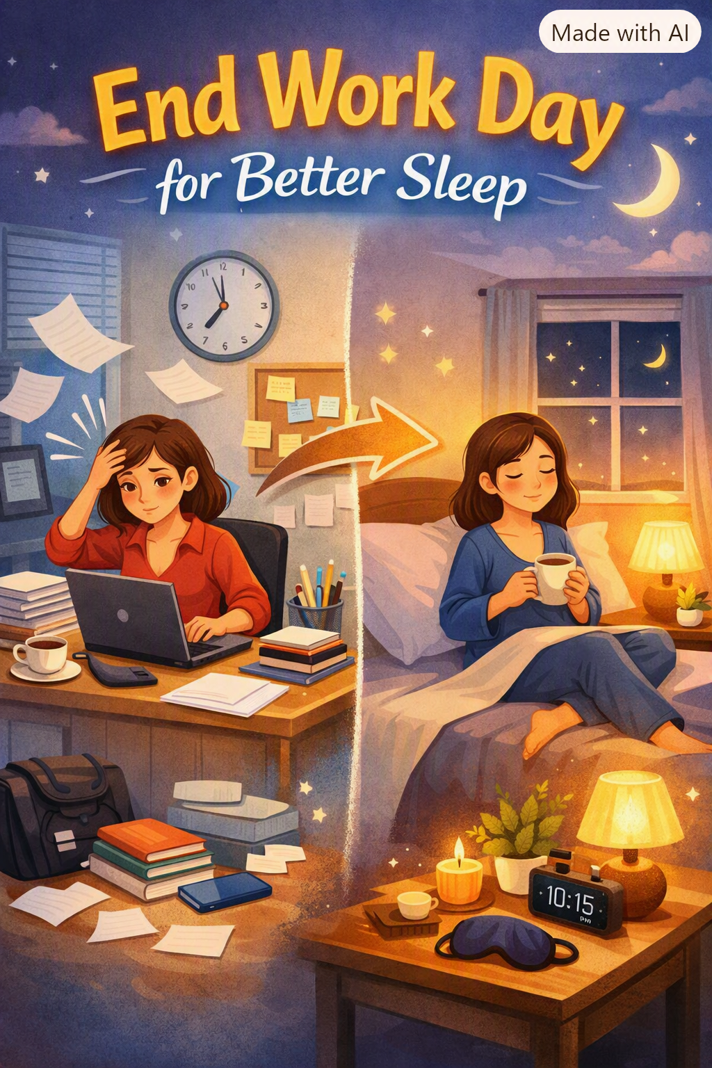 “Illustration titled ‘End Work Day for Better Sleep’ showing a woman transitioning from a busy office to a calm bedroom. On the left, she looks stressed at her cluttered desk with papers and a ringing phone. In the center, she packs up her laptop, and on the right, she relaxes on her bed in pajamas, sipping tea under warm light with a moonlit window behind her.”