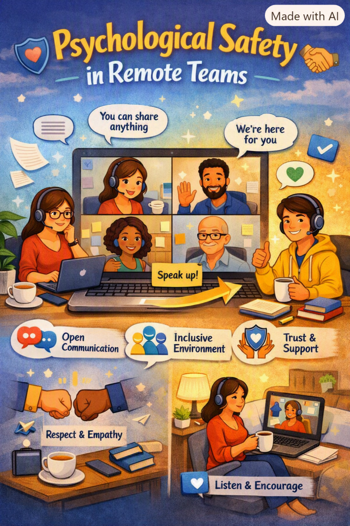 “Infographic titled ‘Psychological Safety in Remote Teams’ showing diverse team members on a video call. A laptop screen displays four people smiling and engaging, surrounded by icons of trust, communication, and collaboration. On each side, individuals wearing headsets work confidently at their desks, with symbols like hearts, shields, and lightbulbs representing empathy, support, and shared ideas.”