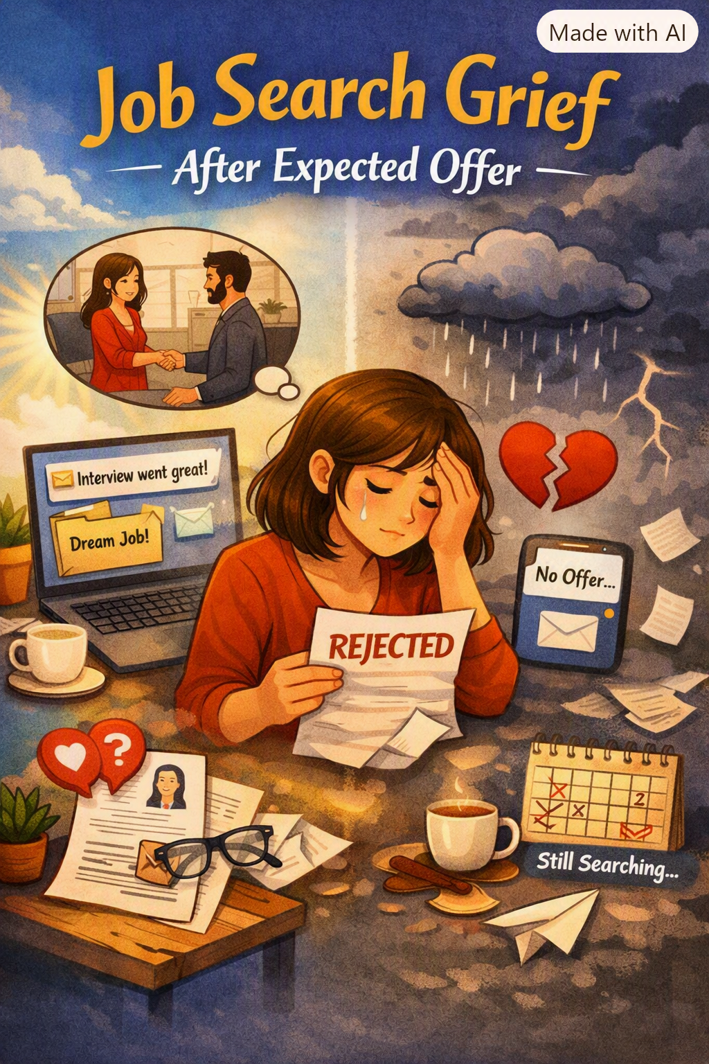 Job Search Grief
“Illustration titled ‘Job Search Grief After Expected Offer’ showing a woman sitting sadly at her desk, holding a rejected letter with a tear on her cheek. Around her are symbols of disappointment—a broken heart, a phone showing ‘No Offer,’ and a crumpled resume—contrasted with hopeful imagery on the left of a successful interview and bright sky fading into storm clouds on the right.”