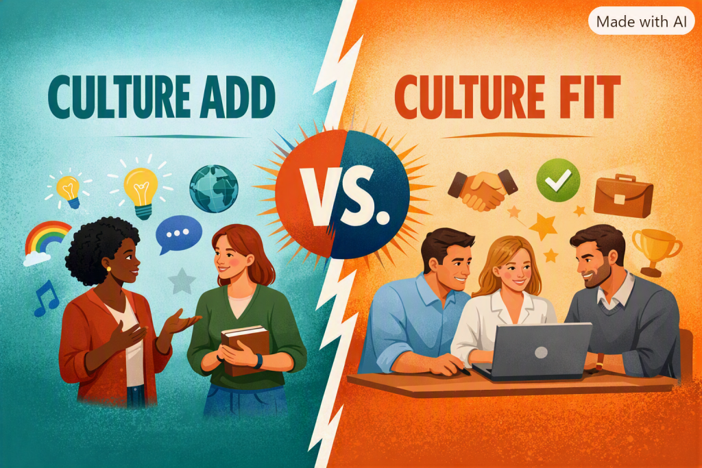 “Infographic comparing ‘Culture Add’ and ‘Culture Fit.’ The left side shows diverse professionals discussing ideas with icons of creativity and inclusion, set against a teal background labeled ‘Culture Add.’ The right side shows a team collaborating around a laptop with icons of alignment and achievement, set against an orange background labeled ‘Culture Fit.’ A lightning bolt divides the two sides with a central ‘vs.’ emblem.”