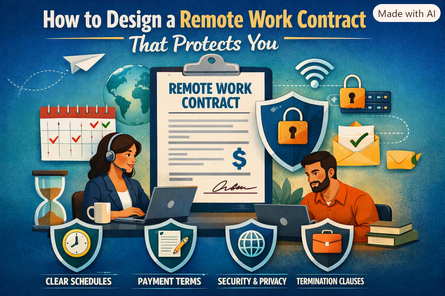 “Infographic titled ‘How to Design a Remote Work Contract That Protects You.’ A large contract document labeled ‘Remote Work Contract’ sits at the center with icons of a shield, padlock, calendar, and globe around it. On the left, a woman wearing a headset works on a laptop; on the right, a man in an orange shirt types on his computer. Four shield icons at the bottom represent clear schedules, payment terms, security and privacy, and termination clauses.”