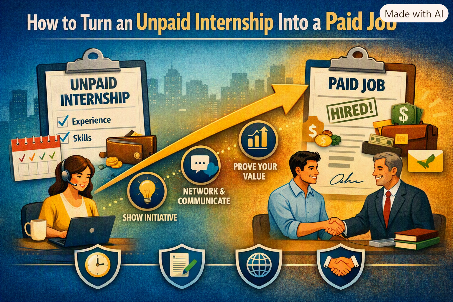 “Infographic titled ‘How to Turn an Unpaid Internship Into a Paid Job.’ On the left, a woman works on a laptop beside a clipboard labeled ‘Unpaid Internship’ with icons for experience and skills. A golden arrow leads upward to the right, ending at a clipboard labeled ‘Paid Job,’ where a young man shakes hands with an employer. Along the arrow are four circular icons representing initiative, networking, proving value, and requesting conversion.”