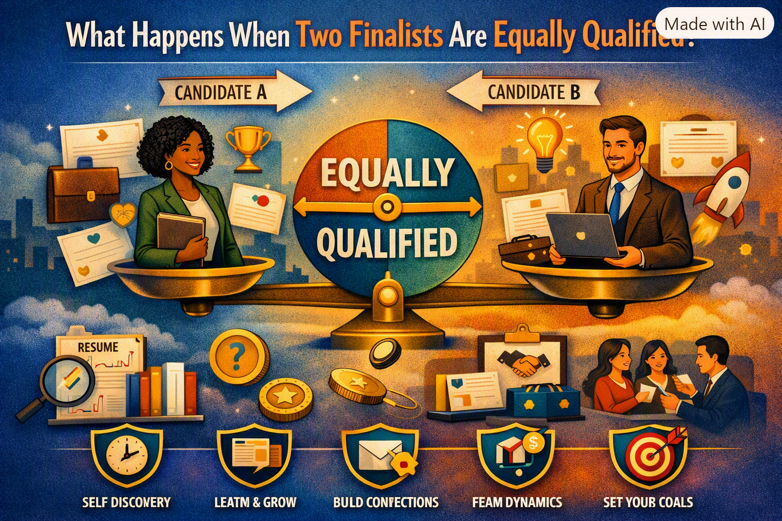 Two Finalists Are Equally Qualified
Two equally qualified job finalists sit across from a hiring manager, with a decision checklist highlighting communication, cultural fit, problem-solving, potential, and team needs.